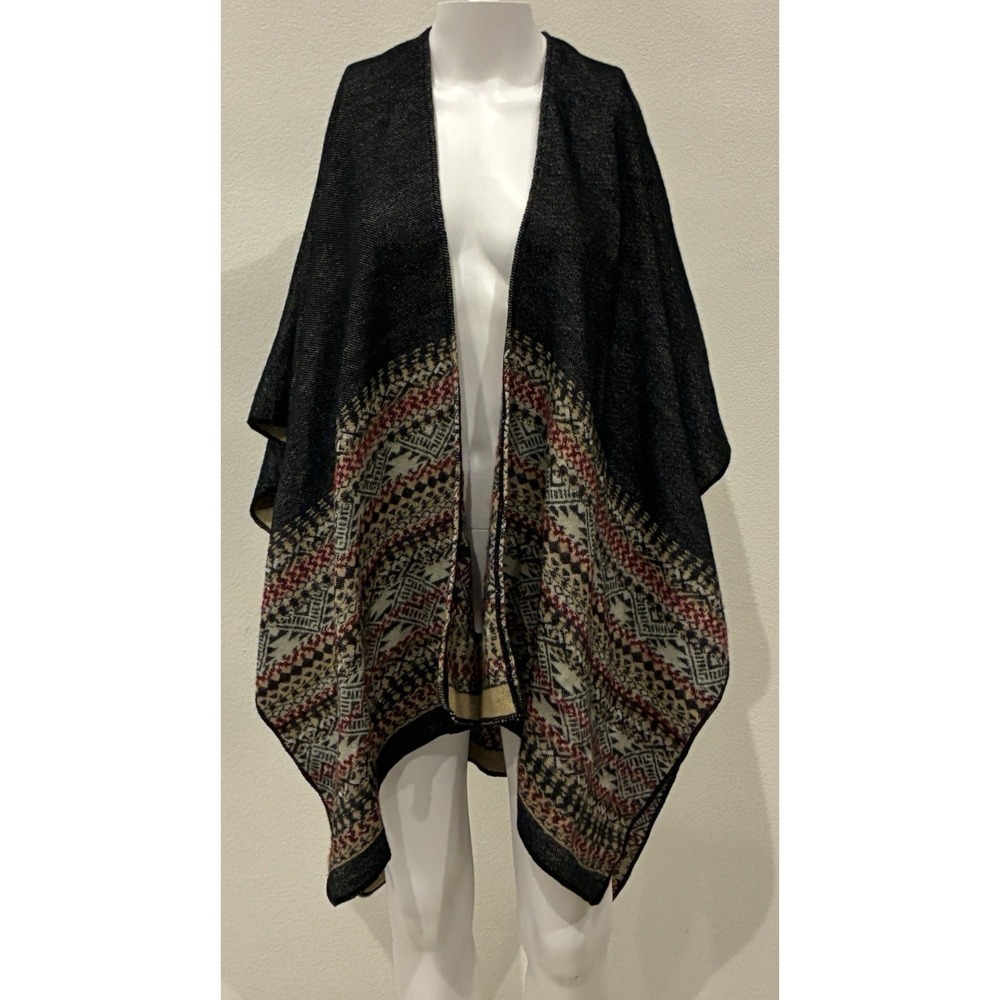 Gray Geometrical Pattern Boho Poncho OS Sustainable Tribal Quagga Green Label
